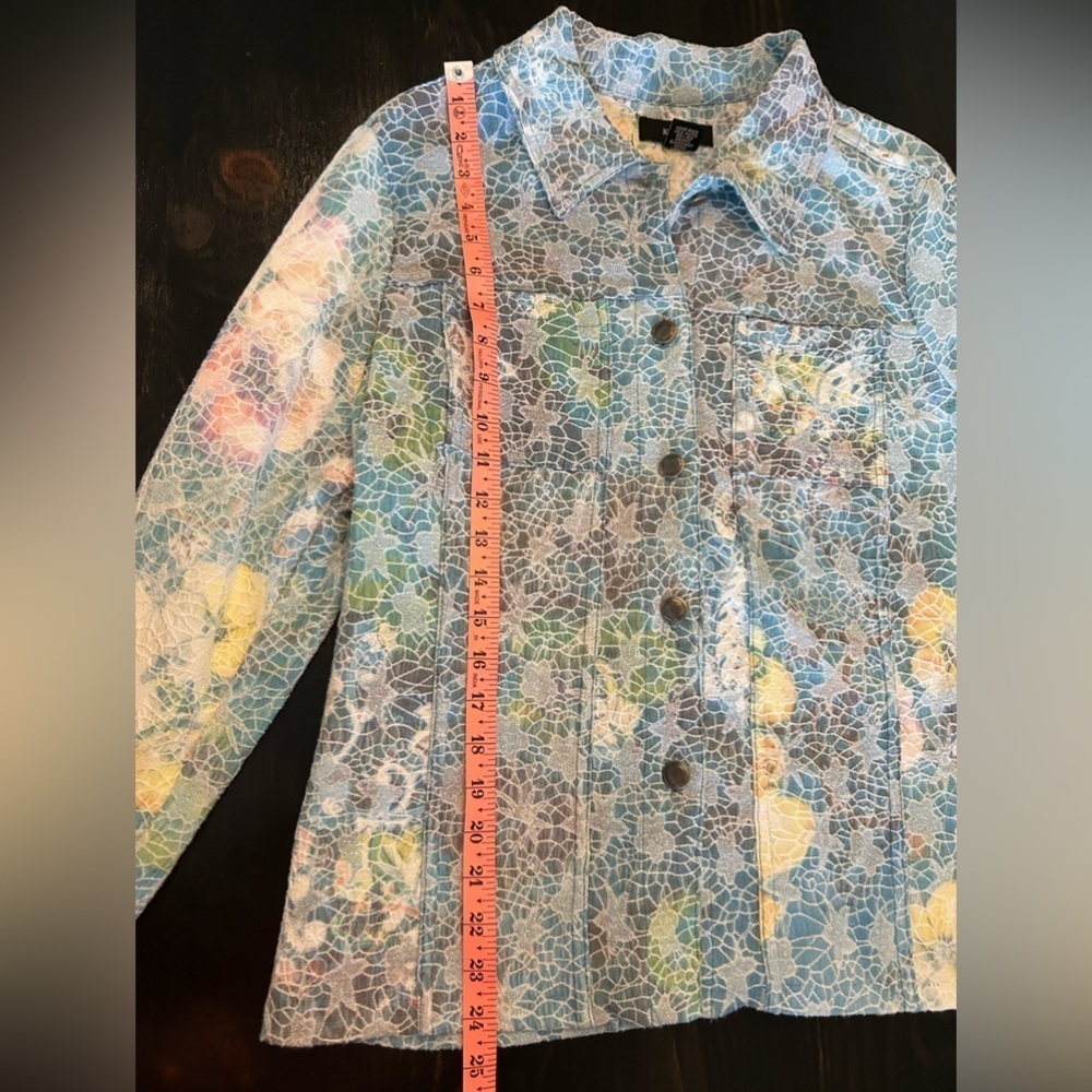 Kaktus Textured Pastel Peacock Jean Jacket Metal Buttons L Art to Wear Colorful - Picture 10 of 13